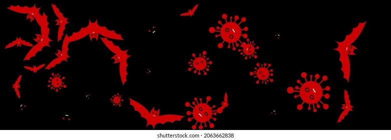 Party Faces Gothic Fear Virus Halloween Illustration. Scary Covid Dracula Bloody Cartoon Background. Creepy Horror Black Red Funny Backdrop. Mysterious Epidemic Spooky Corona Vaccination Bats.