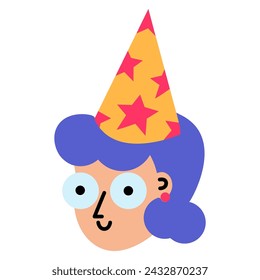 Party Fairy sorceress face in festive cap on head, birthday symbol. Simple style young girl in masquerade hat for design of children entertainment center. Color Stroke icon isolated on white back