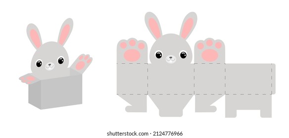 Party favor box bunny design for sweets, candies, small presents, bakery. Party package die cut template, great design for any purposes, birthdays, baby showers, Easter. Vector stock illustration