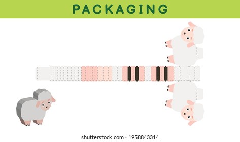 Party favor box die cut sheep design for sweets, candies, small presents, bakery. Package template, great design for any purposes, birthdays, baby showers, pinata. Vector stock illustration.