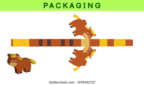 Party favor box die cut horse design for sweets, candies, small presents, bakery. Package template, great design for any purposes, birthdays, baby showers, pinata. Vector stock illustration.
