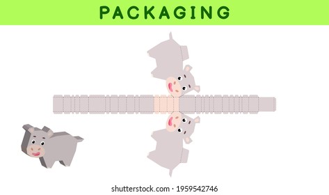 Party favor box die cut hippo design for sweets, candies, small presents, bakery. Package template, great design for any purposes, birthdays, baby showers, pinata. Vector stock illustration.