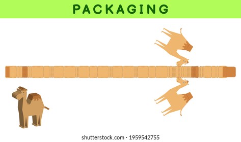 Party favor box die cut camel design for sweets, candies, small presents, bakery. Package template, great design for any purposes, birthdays, baby showers, pinata. Vector stock illustration.