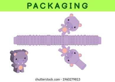 Party favor box die cut hippo design for sweets, candies, small presents, bakery. Package template, great design for any purposes, birthdays, baby showers, pinata. Vector stock illustration.