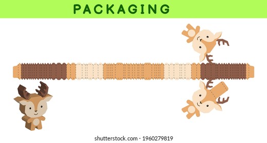 Party favor box die cut deer design for sweets, candies, small presents, bakery. Package template, great design for any purposes, birthdays, baby showers, pinata. Vector stock illustration.