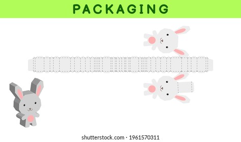 Party favor box die cut rabbit design for sweets, candies, small presents, bakery. Package template, great design for any purposes, birthdays, baby showers, pinata. Vector stock illustration.