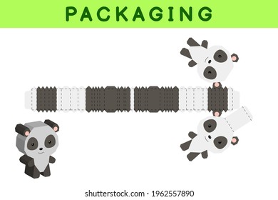 Party favor box die cut panda design for sweets, candies, small presents, bakery. Package template, great design for any purposes, birthdays, baby showers, pinata. Vector stock illustration.