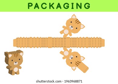 Party favor box die cut cat design for sweets, candies, small presents, bakery. Package template, great design for any purposes, birthdays, baby showers, pinata. Vector stock illustration.