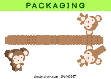 Party favor box die cut monkey design for sweets, candies, small presents, bakery. Package template, great design for any purposes, birthdays, baby showers, pinata. Vector stock illustration.