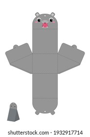 Party favor box hippo design for sweets, candies, presents. Packaging die cut template, great for any purposes, birthdays, baby showers. Editable blueprint layout with cutting and scoring lines.