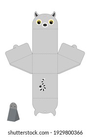 Party favor box lemur design for sweets, candies, presents. Packaging die cut template, great for any purposes, birthdays, baby showers. Editable blueprint layout with cutting and scoring lines.