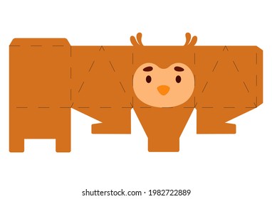 Party favor box owl design for sweets, candies, small presents, bakery. Package template, great design for any purposes, birthdays, baby showers, halloween, christmas. Vector stock illustration.