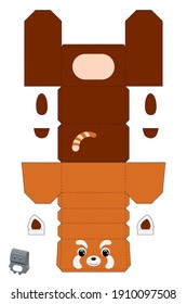 Party favor box red panda design for for sweets, candies, small presents, bakery. Package template, great design for any purposes, birthdays, baby showers. Vector stock illustration.