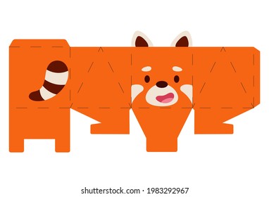 Party favor box red panda design for sweets, candies, small presents, bakery. Package template, great design for any purposes, birthdays, baby showers, halloween, christmas. Vector stock illustration.