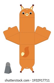 Party favor box squirrel design for sweets, candies, presents. Packaging die cut template, great for any purposes, birthdays, baby showers. Editable blueprint layout with cutting and scoring lines.