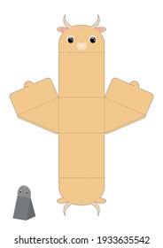 Party favor box yak design for sweets, candies, presents. Packaging die cut template, great for any purposes, birthdays, baby showers. Editable blueprint layout with cutting and scoring lines.