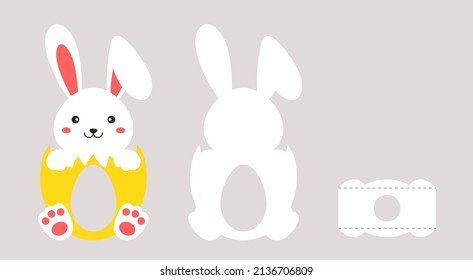 Party favor bunny chocolate egg holder. Retail paper box for the easter egg. Printable color scheme. Print, cut out, glue. Vector stock illustration