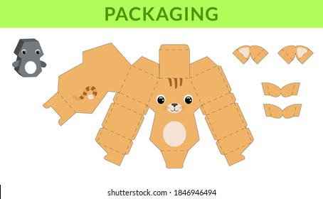 Party favor die cut cat box for birthdays, baby showers for sweets, candies, small presents, bakery. Retail box blueprint template design. Print, cutout, fold, glue. Vector stock illustration.