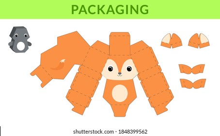 Party favor die cut fox box for birthdays, baby showers for sweets, candies, small presents, bakery. Retail box blueprint template design. Print, cutout, fold, glue. Vector stock illustration.