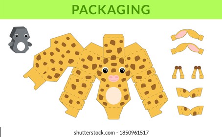 Party favor die cut giraffe box for birthdays, baby showers for sweets, candies, small presents, bakery. Retail box blueprint template design. Print, cutout, fold, glue. Vector stock illustration.