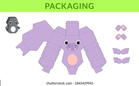 Party favor die cut hippo box for birthdays, baby showers for sweets, candies, small presents, bakery. Retail box blueprint template design. Print, cutout, fold, glue. Vector stock illustration.
