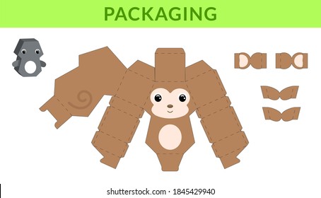 Party favor die cut monkey box for birthdays, baby showers for sweets, candies, small presents, bakery. Retail box blueprint template design. Print, cutout, fold, glue. Vector stock illustration.
