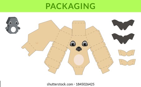 Party favor die cut pug dog box for birthdays, baby showers for sweets, candies, small presents, bakery. Retail box blueprint template design. Print, cutout, fold, glue. Vector stock illustration.