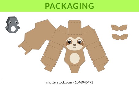 Party favor die cut sloth box for birthdays, baby showers for sweets, candies, small presents, bakery. Retail box blueprint template design. Print, cutout, fold, glue. Vector stock illustration.