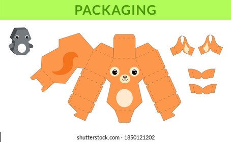 Party favor die cut squirrel box for birthdays, baby showers for sweets, candies, small presents, bakery. Retail box blueprint template design. Print, cutout, fold, glue. Vector stock illustration.