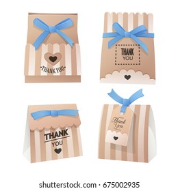 Party Favor Gift Brown Craft Paper Bags With Blue Bows, Ribbons And Tags Isolated On White Background. 3d Realistic Vector Illustration