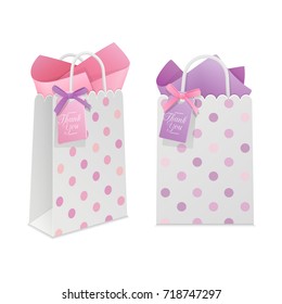 party favor gift white paper bags with pink and purple bows and tags isolated on white background. 3d realistic vector illustration