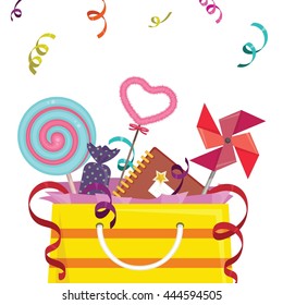 Party favor goodie bag with stuff inside and falling confetti. Vector illustration