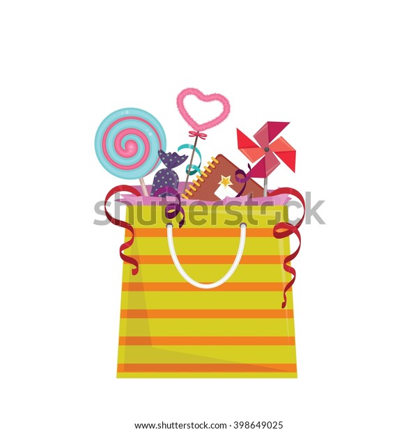 Party favor goodie bag with stuff inside.
Isolated vector element