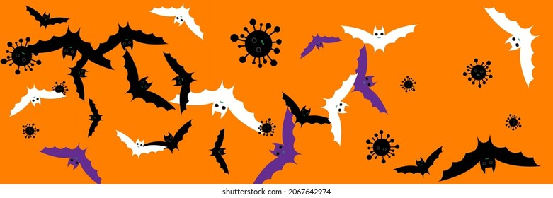 Party Fear Funny Creepy Virus Covid Halloween Design. Scary Corona Gothic Grey Spooky Backdrop. Black Faces White Dracula Vampire Bats. Purple Cartoon Mysterious Horror Vaccination Design Pic.