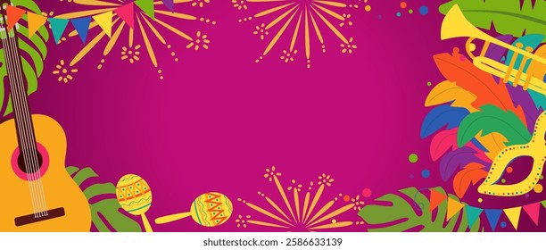 Party, Festival Invitation. Colorful Horizontal Banner Template with Guitar, Trumpet, Maracas and Feather Masks. Vector Flat Style Illustration