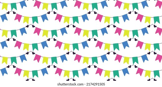 Party festival seamless pattern. Flag garland banner, colorful flags hang on rope with hearts. Birthday, wedding, graduate or anniversary vector print