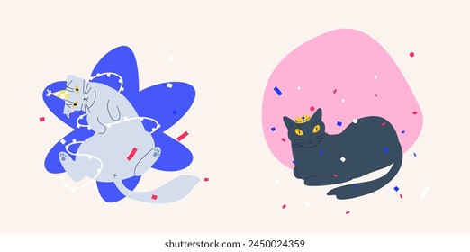 Party festive cat vector illustration. Cute pets with bows and hats with confetti on abstract form. Cute card, postcard, poster or sticker. 