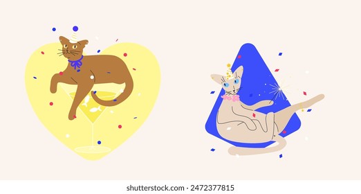 Party festive cat vector illustration. Cute pets with drinking glasses and sparkler in party hats with confetti on abstract form. Cute card, postcard, poster or sticker. 