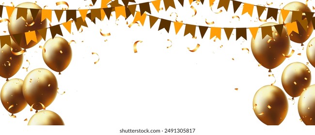 Party festive luxury background with golden balloon, garland flag and confetti. black friday
