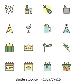 Party filled outline icons set, line vector symbol collection, linear colorful pictogram pack. Signs, logo illustration, Set includes icons as flags, champagne, mask, gift box, cocktail, party hat
