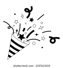 Party Firecracker with bright confetti isolated on white background. Vector doodle illustration of festive  firework.