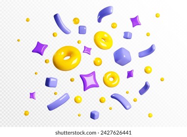 Party firecracker confetti 3d vector icon. Birthday or carnival firework or popper paper serpentine, star and elements for congratulation design. Winner and holiday celebration cracker flying shapes.