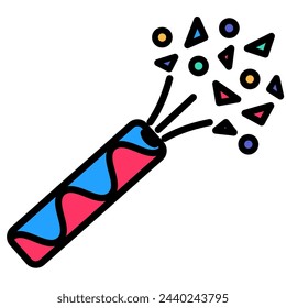 Party Firecracker explosion with confetti, birthday symbol. Simple style festive firecracker explosion for design of children entertainment center. Color stroke icon isolated on white background