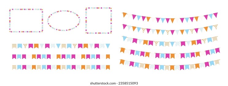 Party flag buntings. Fiesta garland decorations set. Flag frame borders. Vector illustration