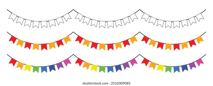 party flag decorations, available in white, two colors, and rainbow, birthday and anniversary celebrations. editable vector eps 10.