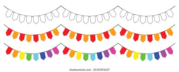 party flag decorations, available in white, two colors, and rainbow, birthday and anniversary celebrations. editable vector eps 10.