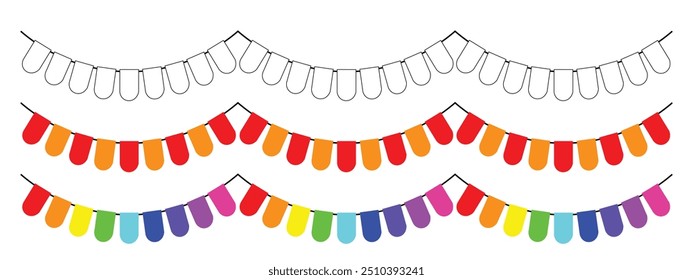 party flag decorations, available in white, two colors, and rainbow, birthday and anniversary celebrations. editable vector eps 10.