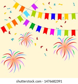 Party flag and firework celebration concept .