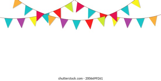 Party flag garland. Bunting for birthday and fair. Colorful triangle flag for carnival isolated on white background. Bright bunting hanging on string for festive. Illustration for celebration. Vector.