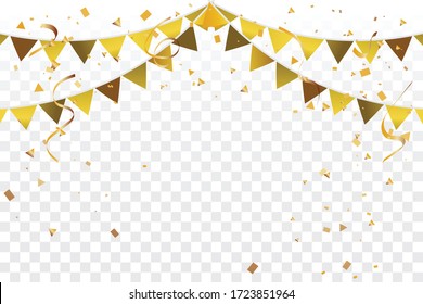 Party Flag Golden Tiny Confetti And Streamer Ribbon Falling On Transparent Background. Vector